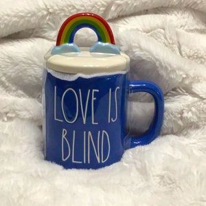 Rae Dunn "LOVE IS BLIND" Blue Mug W/ Rainbow Figural Topper Brand New